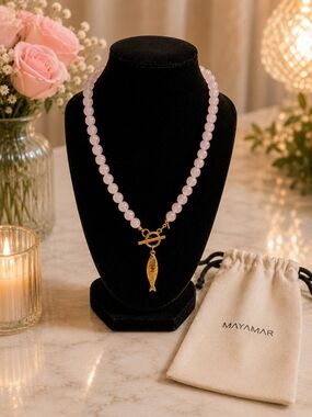 Mayamar Rose Quartz Beaded Necklace with Gold Fish Charm